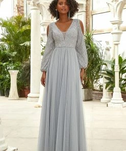 Ever-Pretty US Sequin V-Neck Cold Shoulder Puff Sleeve Tulle Pleated Evening Dress SHOP BY OCCASION