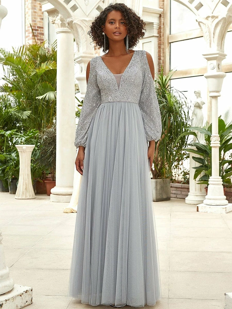 Ever-Pretty US Sequin V-Neck Cold Shoulder Puff Sleeve Tulle Pleated Evening Dress SHOP BY OCCASION 1 Ever-Pretty US Sequin V-Neck Cold Shoulder Puff Sleeve Tulle Pleated Evening Dress SHOP BY OCCASION