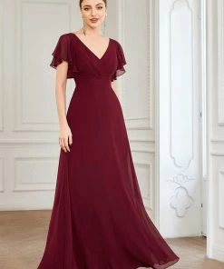 Ever-Pretty US SHOP BY OCCASION Short Ruffle Sleeve V-Neck Pleated Chiffon A-Line Evening Dress