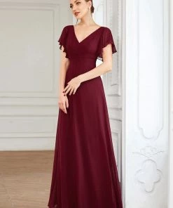 Ever-Pretty US SHOP BY OCCASION Short Ruffle Sleeve V-Neck Pleated Chiffon A-Line Evening Dress