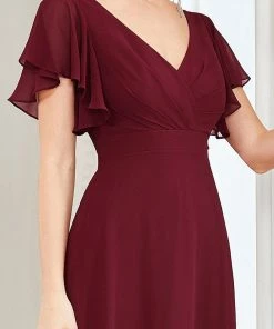 Ever-Pretty US SHOP BY OCCASION Short Ruffle Sleeve V-Neck Pleated Chiffon A-Line Evening Dress