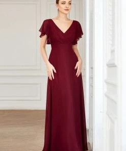 Ever-Pretty US SHOP BY OCCASION Short Ruffle Sleeve V-Neck Pleated Chiffon A-Line Evening Dress