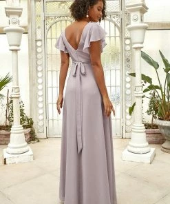Ever-Pretty US SHOP BY OCCASION Short Ruffle Sleeve V-Neck Pleated Chiffon A-Line Evening Dress