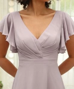 Ever-Pretty US SHOP BY OCCASION Short Ruffle Sleeve V-Neck Pleated Chiffon A-Line Evening Dress