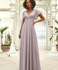 Ever-Pretty US SHOP BY OCCASION Short Ruffle Sleeve V-Neck Pleated Chiffon A-Line Evening Dress