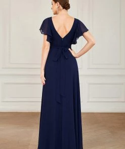 Ever-Pretty US SHOP BY OCCASION Short Ruffle Sleeve V-Neck Pleated Chiffon A-Line Evening Dress