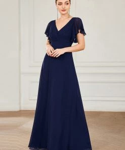 Ever-Pretty US SHOP BY OCCASION Short Ruffle Sleeve V-Neck Pleated Chiffon A-Line Evening Dress