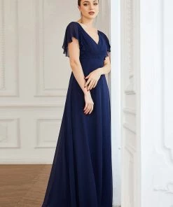 Ever-Pretty US SHOP BY OCCASION Short Ruffle Sleeve V-Neck Pleated Chiffon A-Line Evening Dress