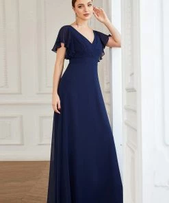 Ever-Pretty US SHOP BY OCCASION Short Ruffle Sleeve V-Neck Pleated Chiffon A-Line Evening Dress