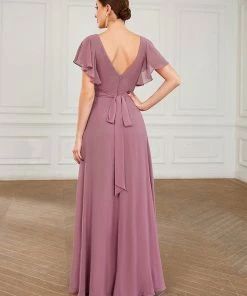 Ever-Pretty US SHOP BY OCCASION Short Ruffle Sleeve V-Neck Pleated Chiffon A-Line Evening Dress