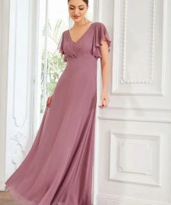Ever-Pretty US SHOP BY OCCASION Short Ruffle Sleeve V-Neck Pleated Chiffon A-Line Evening Dress