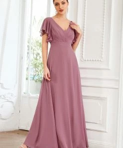 Ever-Pretty US SHOP BY OCCASION Short Ruffle Sleeve V-Neck Pleated Chiffon A-Line Evening Dress