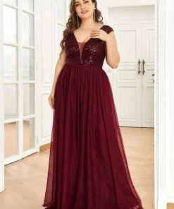 Ever-Pretty US SHOP BY OCCASION Plus Size Sequin Illusion Plunging V-Neckline Sleeveless A-Line Tulle Evening Dress