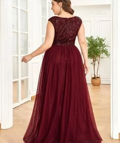 Ever-Pretty US SHOP BY OCCASION Plus Size Sequin Illusion Plunging V-Neckline Sleeveless A-Line Tulle Evening Dress