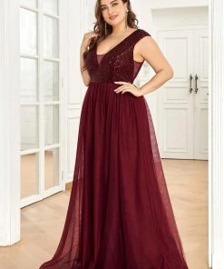 Ever-Pretty US SHOP BY OCCASION Plus Size Sequin Illusion Plunging V-Neckline Sleeveless A-Line Tulle Evening Dress