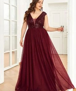 Ever-Pretty US SHOP BY OCCASION Plus Size Sequin Illusion Plunging V-Neckline Sleeveless A-Line Tulle Evening Dress