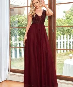 Ever-Pretty US Sequin Illusion Plunging V-Neckline Sleeveless A-Line Tulle Evening Dress 42 Ever-Pretty US Sequin Illusion Plunging V-Neckline Sleeveless A-Line Tulle Evening Dress