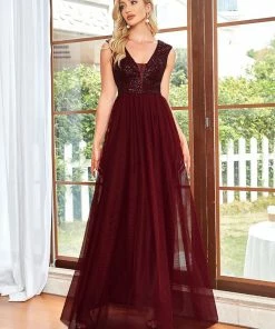 Ever-Pretty US Sequin Illusion Plunging V-Neckline Sleeveless A-Line Tulle Evening Dress