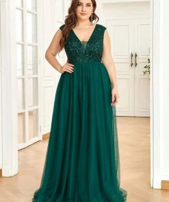 Ever-Pretty US SHOP BY OCCASION Plus Size Sequin Illusion Plunging V-Neckline Sleeveless A-Line Tulle Evening Dress