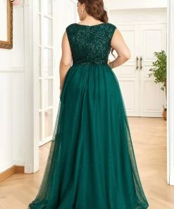Ever-Pretty US SHOP BY OCCASION Plus Size Sequin Illusion Plunging V-Neckline Sleeveless A-Line Tulle Evening Dress