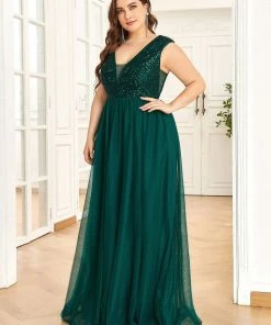 Ever-Pretty US SHOP BY OCCASION Plus Size Sequin Illusion Plunging V-Neckline Sleeveless A-Line Tulle Evening Dress