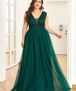 Ever-Pretty US SHOP BY OCCASION Plus Size Sequin Illusion Plunging V-Neckline Sleeveless A-Line Tulle Evening Dress