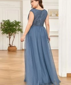 Ever-Pretty US SHOP BY OCCASION Plus Size Sequin Illusion Plunging V-Neckline Sleeveless A-Line Tulle Evening Dress
