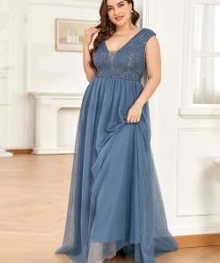 Ever-Pretty US SHOP BY OCCASION Plus Size Sequin Illusion Plunging V-Neckline Sleeveless A-Line Tulle Evening Dress