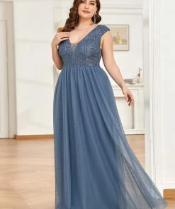 Ever-Pretty US SHOP BY OCCASION Plus Size Sequin Illusion Plunging V-Neckline Sleeveless A-Line Tulle Evening Dress