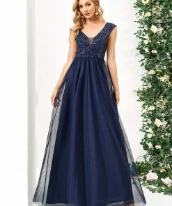 Ever-Pretty US Sequin Illusion Plunging V-Neckline Sleeveless A-Line Tulle Evening Dress