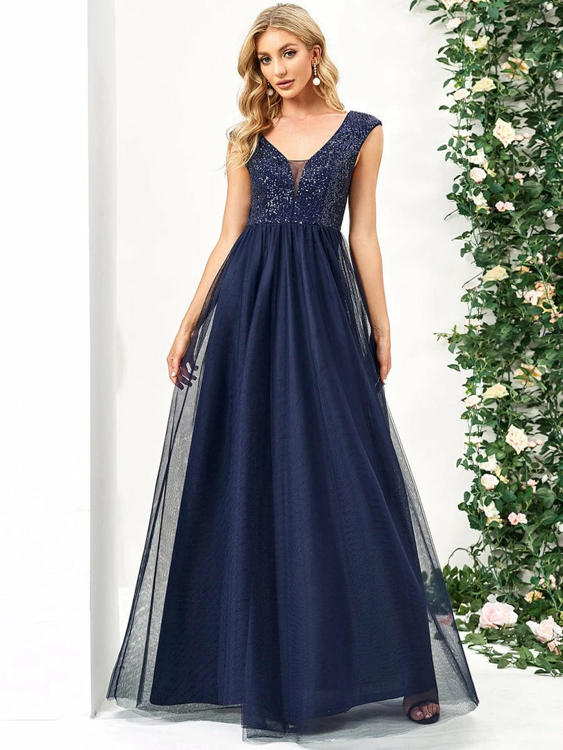 Ever-Pretty US Sequin Illusion Plunging V-Neckline Sleeveless A-Line Tulle Evening Dress 1 Ever-Pretty US Sequin Illusion Plunging V-Neckline Sleeveless A-Line Tulle Evening Dress