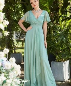 Ever-Pretty US A-Line Sparkling V-Neckline Ruched Ruffle Flutter Sleeve Evening Dress