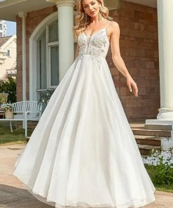 Ever-Pretty US SHOP BY OCCASION Sequin Applique Illusion V-Neck Spaghetti Strap Tulle A-Line Evening Dress