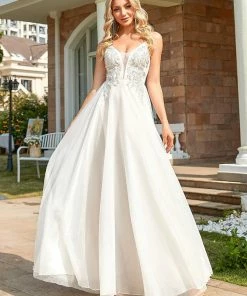 Ever-Pretty US SHOP BY OCCASION Sequin Applique Illusion V-Neck Spaghetti Strap Tulle A-Line Evening Dress