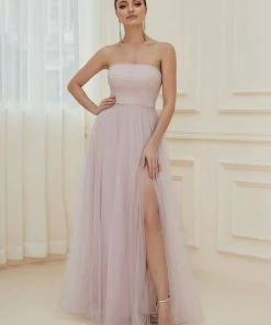Ever-Pretty US Strapless Ruched Tulle High Slit Floor-Length Evening Dress SHOP BY OCCASION