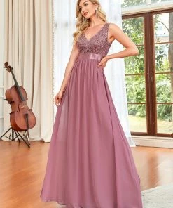 Ever-Pretty US SHOP BY OCCASION Sequin Sleeveless Plunging V-Neck Ribbon Waist Chiffon A-Line Evening Dress