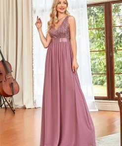 Ever-Pretty US SHOP BY OCCASION Sequin Sleeveless Plunging V-Neck Ribbon Waist Chiffon A-Line Evening Dress