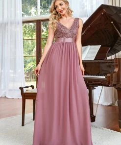 Ever-Pretty US SHOP BY OCCASION Sequin Sleeveless Plunging V-Neck Ribbon Waist Chiffon A-Line Evening Dress