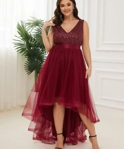 Ever-Pretty US Plus Size Sleeveless Sequin Ribbon Waist Tulle High Low Evening Dress