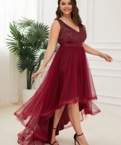 Ever-Pretty US Plus Size Sleeveless Sequin Ribbon Waist Tulle High Low Evening Dress