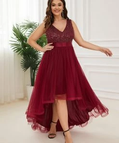 Ever-Pretty US Plus Size Sleeveless Sequin Ribbon Waist Tulle High Low Evening Dress