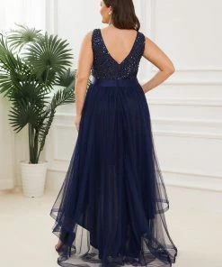 Ever-Pretty US Plus Size Sleeveless Sequin Ribbon Waist Tulle High Low Evening Dress