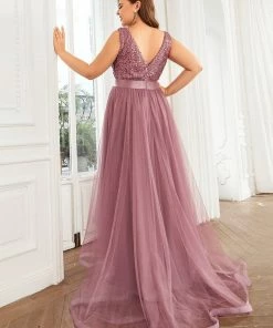 Ever-Pretty US Plus Size Sleeveless Sequin Ribbon Waist Tulle High Low Evening Dress