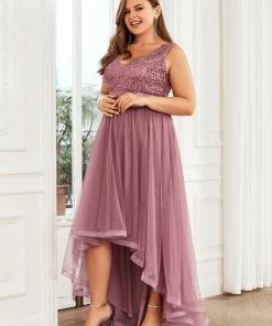 Ever-Pretty US Plus Size Sleeveless Sequin Ribbon Waist Tulle High Low Evening Dress