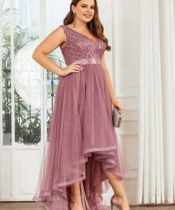 Ever-Pretty US Plus Size Sleeveless Sequin Ribbon Waist Tulle High Low Evening Dress