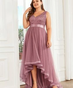 Ever-Pretty US Sleeveless Sequin Ribbon Waist Tulle High Low Evening Dress SHOP BY OCCASION