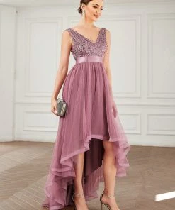Ever-Pretty US Sleeveless Sequin Ribbon Waist Tulle High Low Evening Dress SHOP BY OCCASION