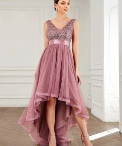 Ever-Pretty US Sleeveless Sequin Ribbon Waist Tulle High Low Evening Dress SHOP BY OCCASION