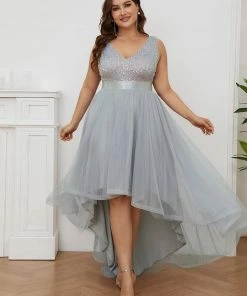 Ever-Pretty US Plus Size Sleeveless Sequin Ribbon Waist Tulle High Low Evening Dress