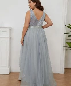 Ever-Pretty US Plus Size Sleeveless Sequin Ribbon Waist Tulle High Low Evening Dress